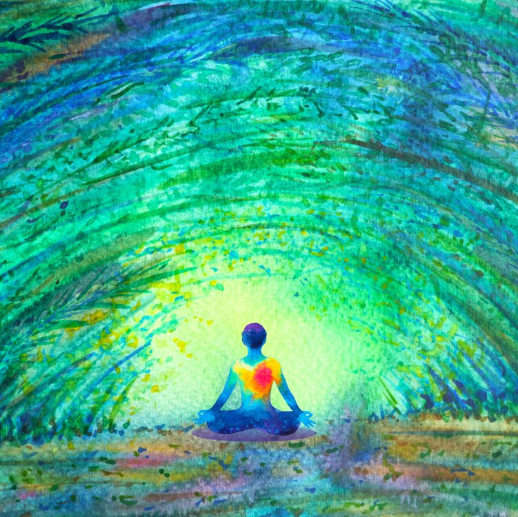 chakra color human lotus pose yoga in green tree forest tunnel, abstract world, universe inside your mind mental, watercolor painting illustration design hand drawn