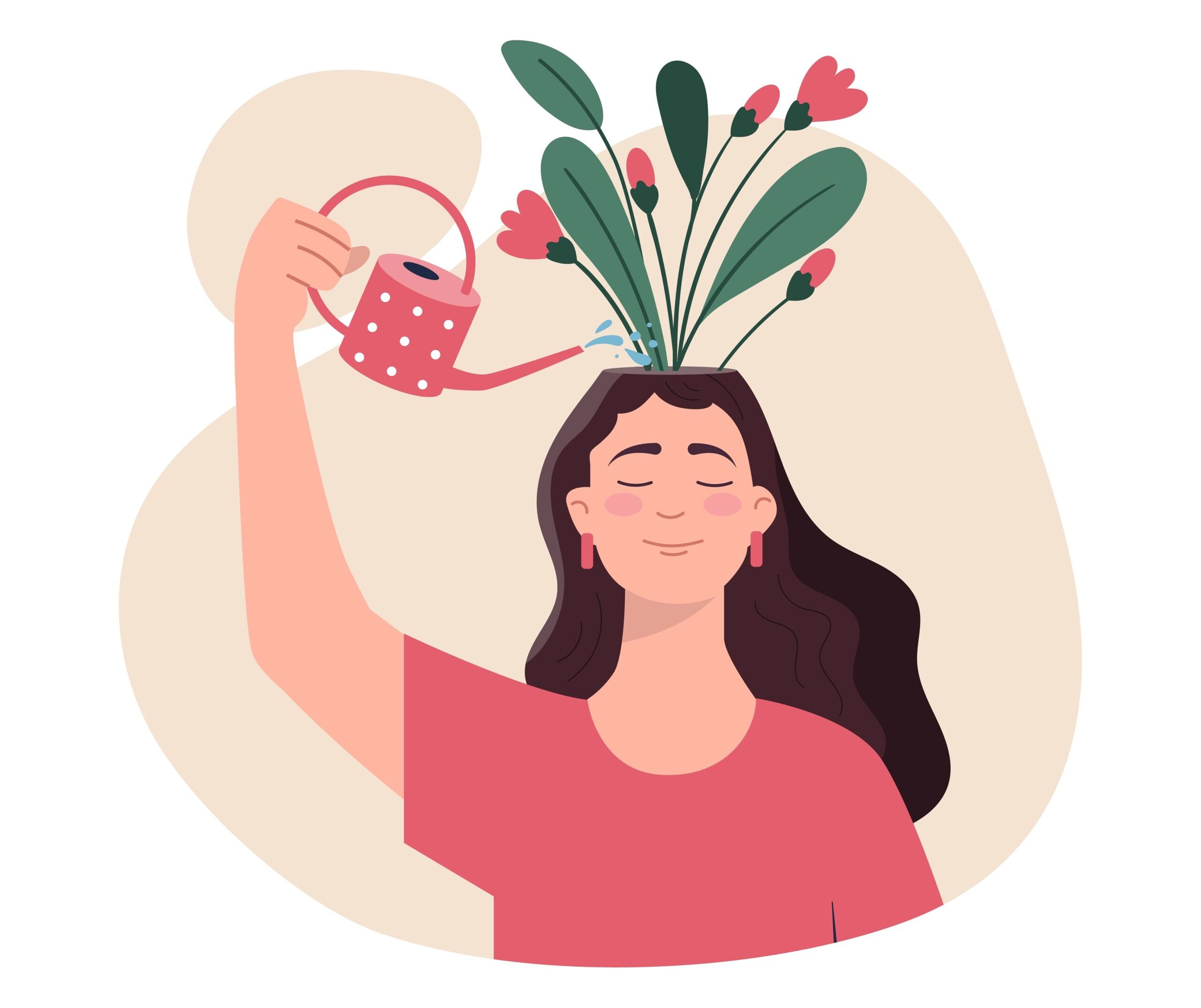 Follow your bliss - illustration of woman watering beautiful flowers growing from her mind