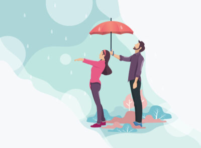 Illustration of man and woman enjoying a rainy walk outside