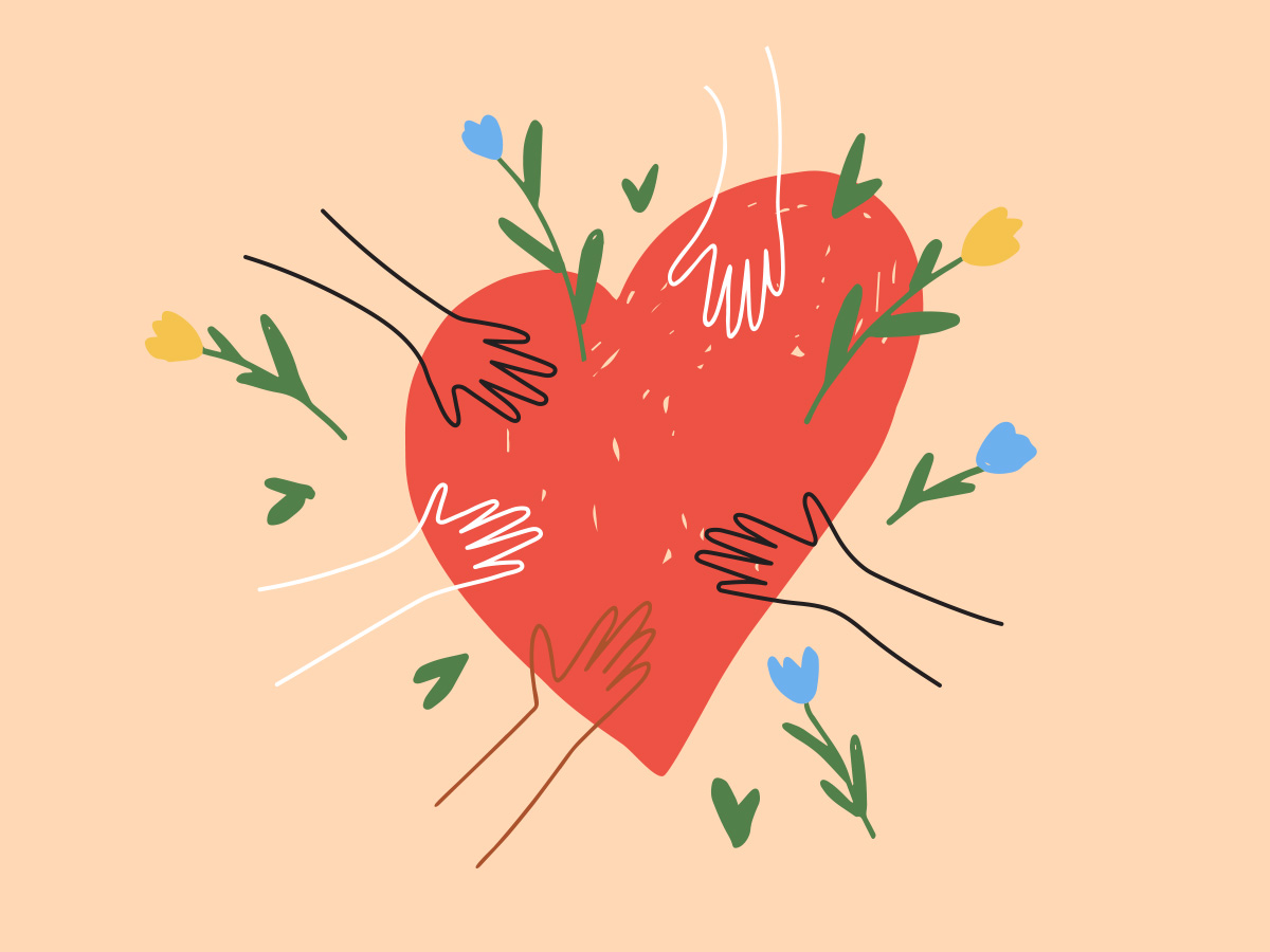 Illustration of heart with healing hands surrounded by flowers