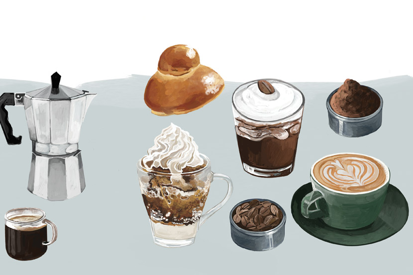 Illustrations of different types of coffee